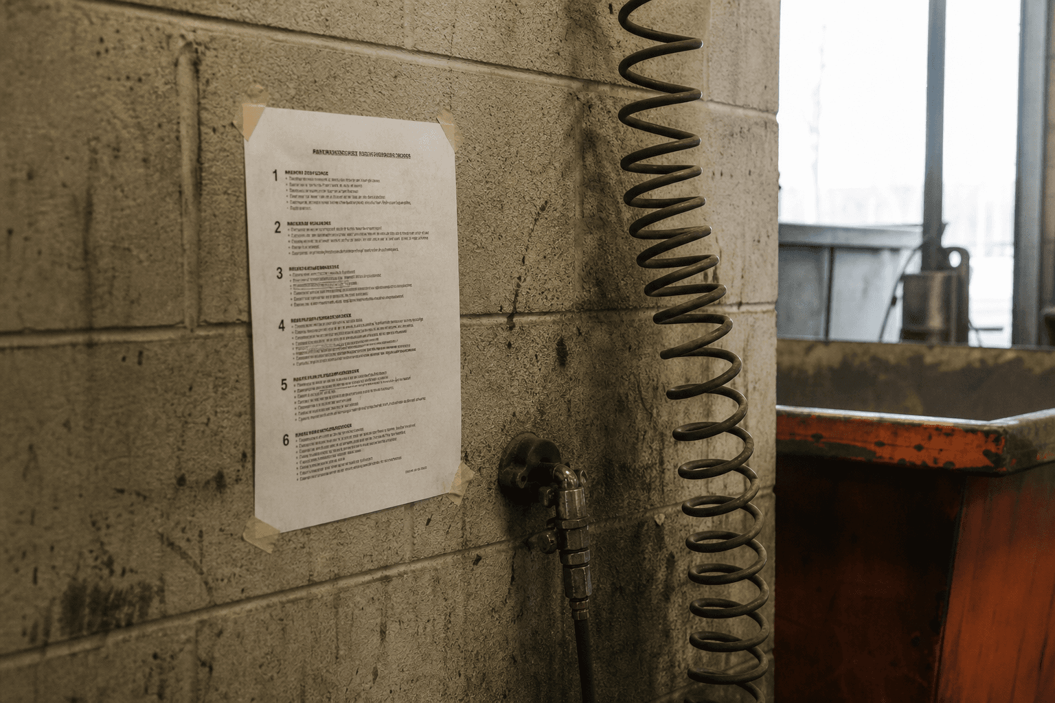 A printed procedure taped to the block wall of a truck shop