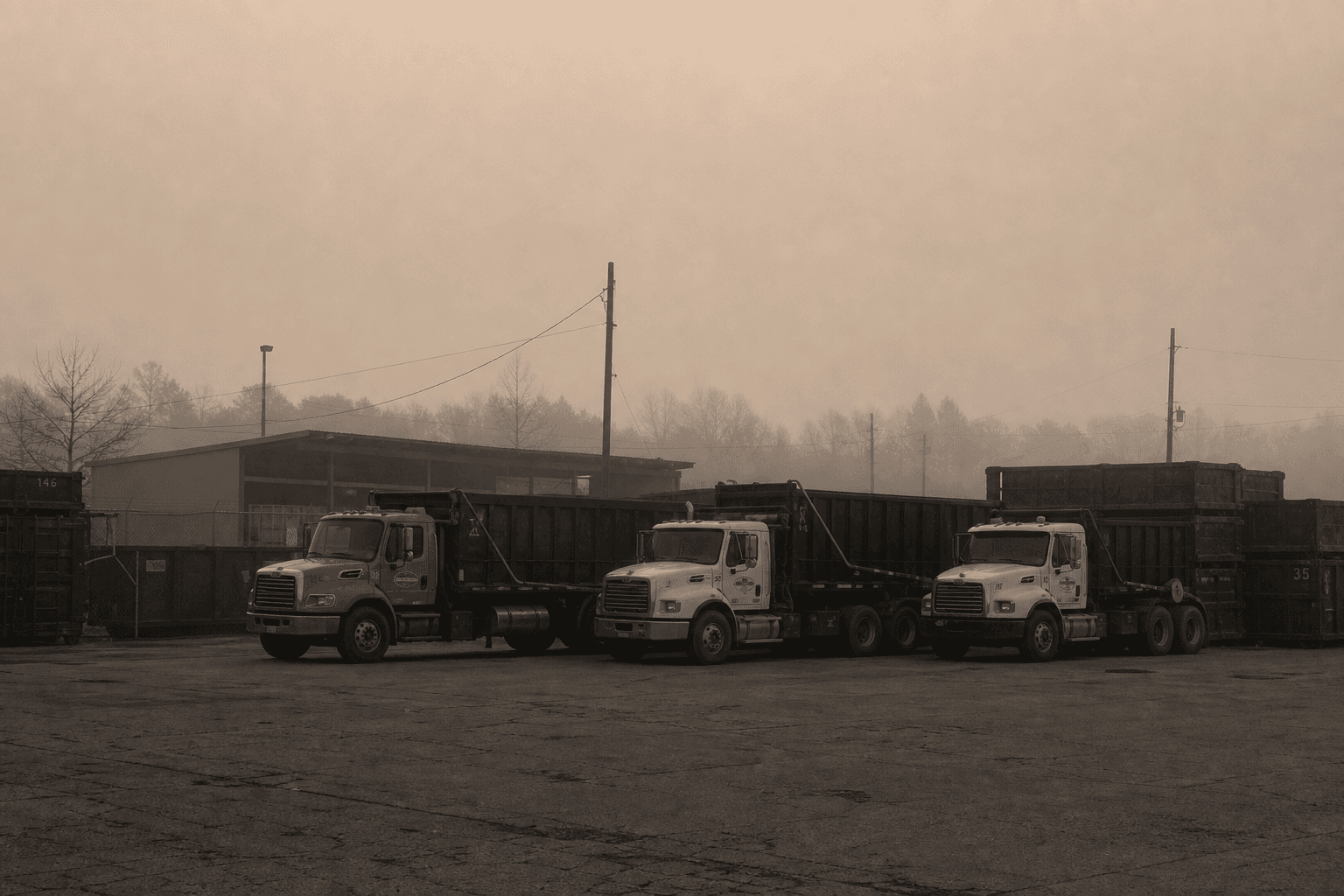 Roll-off trucks parked in a hauling yard at first light